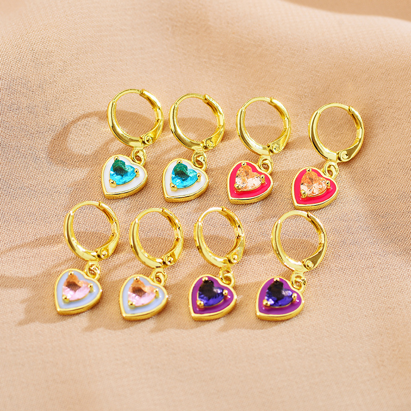 Heart Shape Pattern Women'S Gender 1 Pair Cute Heart Shape Polishing Inlay Copper Artificial Gemstones Gold Plated Drop Earrings