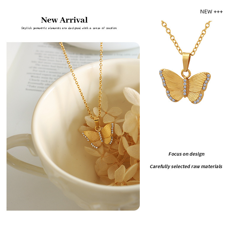 Fashion Butterfly Titanium Steel Pendant Necklace Plating Inlay Zircon Stainless Steel Necklaces