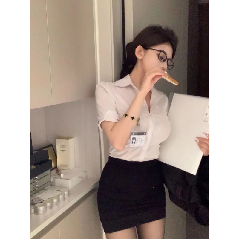 夏季新款收腰显瘦短袖纯欲OL制服套装女职业臀裙衬衫辣妹上衣|undefined