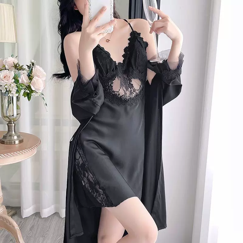 性感女士睡衣春夏秋丝绸美背睡袍蕾丝镂空花边胸垫吊带睡裙家居服