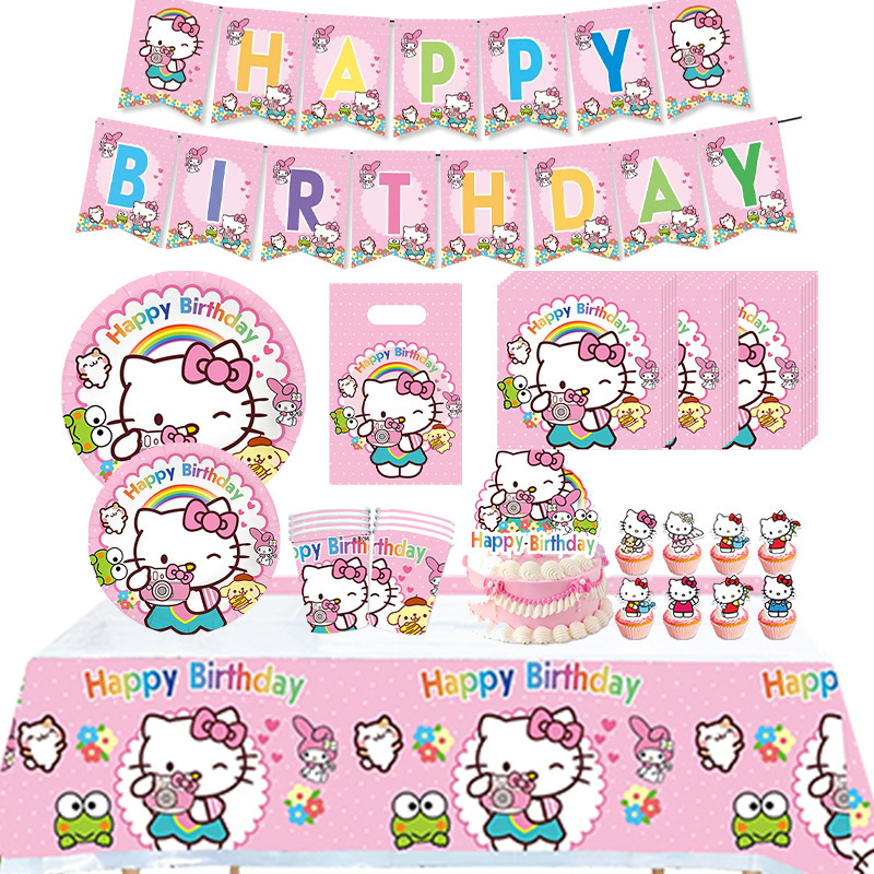 Cross-border Explosions Kt Cat Theme Birthday Party Decoration Disposable Paper Tray Paper Cup Paper Towel Triangle Tablecloth