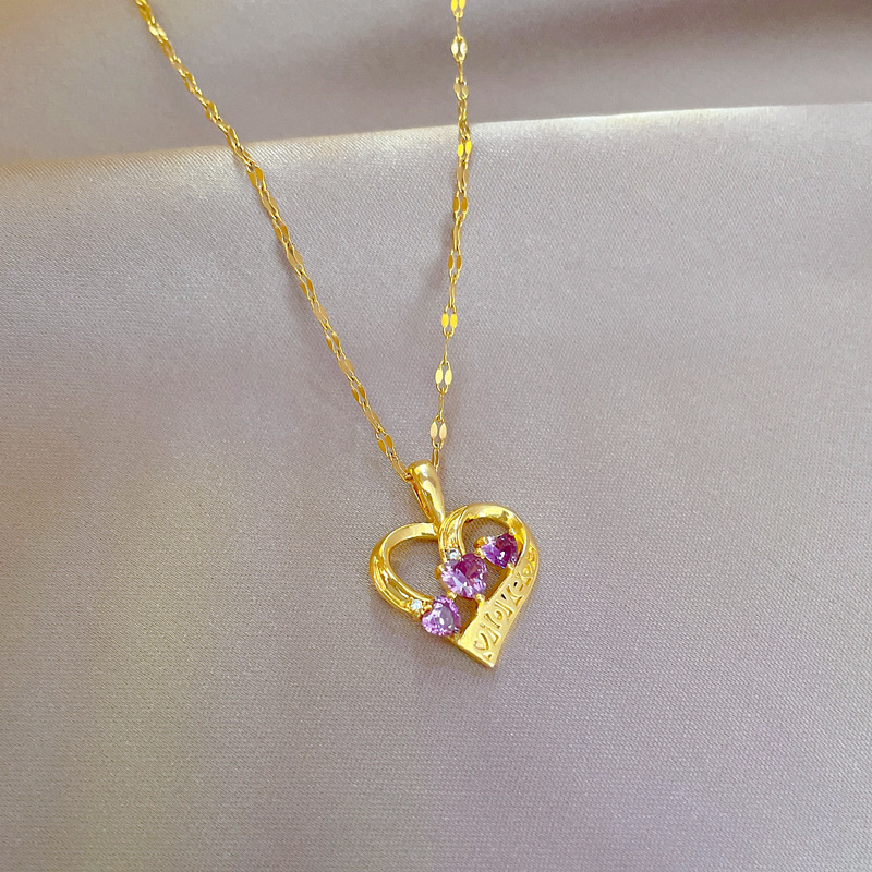 Fashion Heart Shape Titanium Steel Chain Inlay Artificial Diamond Pendant Necklace 1 Piece