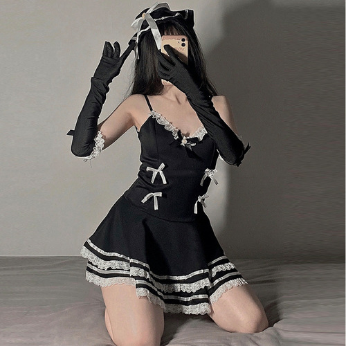 Lolita Maid Costume, Sleepwear Passionate Temptation, No Undress Cute Sexy Tease Camisole Dress Set