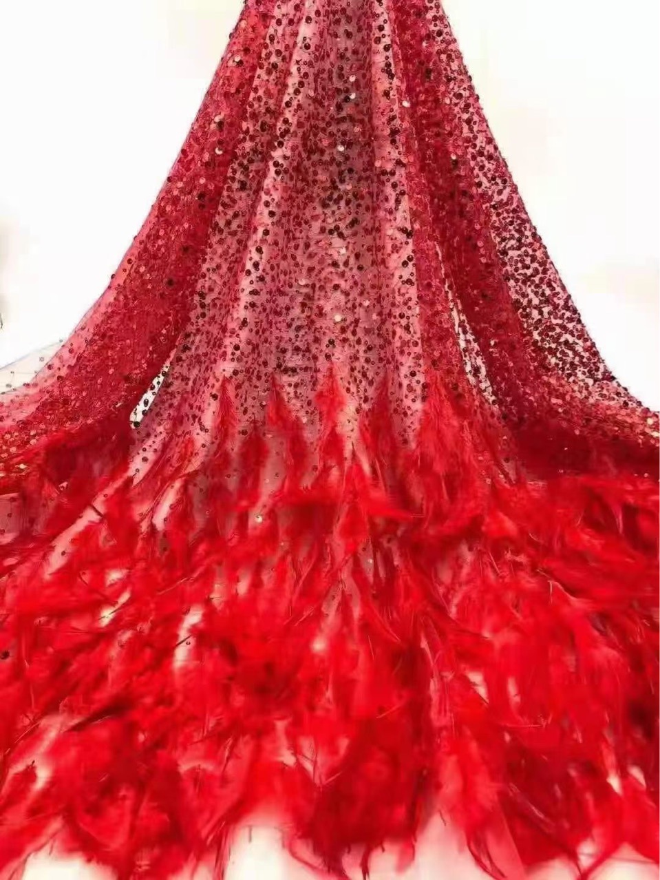 Vestido de lentejuelas con fino estampado floral, estilo europeo y americano, vestido de lentejuelas azules con bordado de plumas, tela con bordado tridimensional.