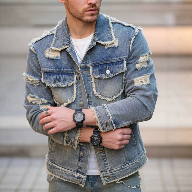 Temu cross-border European and American men's denim jacket, trendy high-street style, distressed, frayed, and ripped casual men's top Temu cross-border European and American men's denim jacket, trendy high-street style, distressed, frayed, and ripped casual men's top