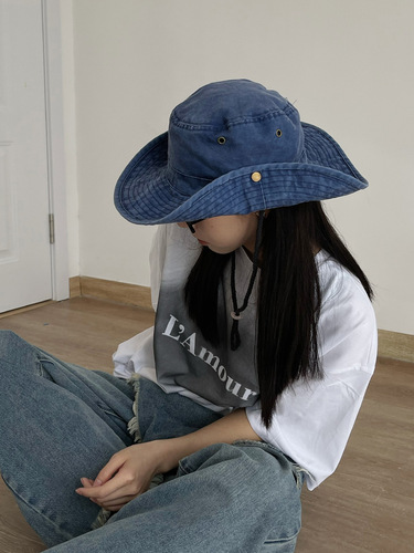 Western cowboy hat children retro distressed drawstring fisherman's hat vacation large brim sun protection outdoor fishing mountain climbing hat trendy