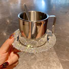 跨境镶钻高颜值咖啡杯蝶套装不锈钢隔热拿铁杯下午茶冰美式咖啡杯