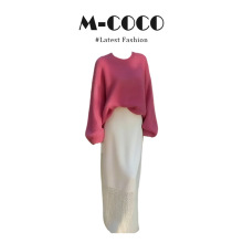 秋冬巨好看慵懒风玫红色针织衫奶呼呼毛衣半身裙两件套