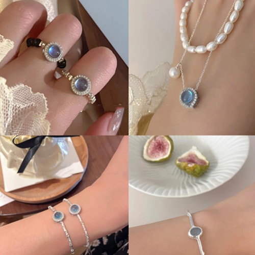 925 Pure Silver Aquamarine Natural Freshwater Pearl Ring Bracelet and Necklace Set for Women - Unique, High-End, Light Luxury, Versatile