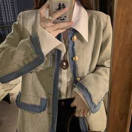 欧美跨境亚马逊小香风撞色拼接垫肩西装外套女设计感气质名媛上衣