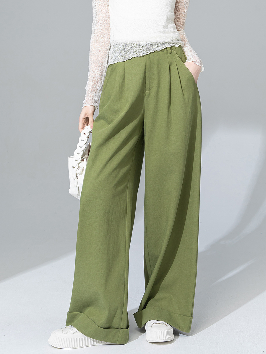 Quần tây nữ ống đứng cạp cao dáng suông dài chấm đất chất Tencel cotton — Xanh bơ