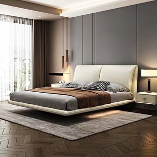 Italian Minimalist Genuine Leather Bed, Floating Bed, Master Bedroom Upholstered Double Bed, 1.8m Wedding Bed, Home Use, All Solid Wood