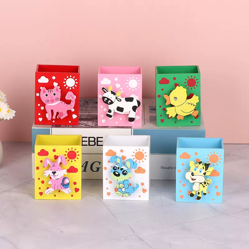 儿童动物造型笔筒带便签夹子创意文具木制可爱彩绘笔筒小学生用品