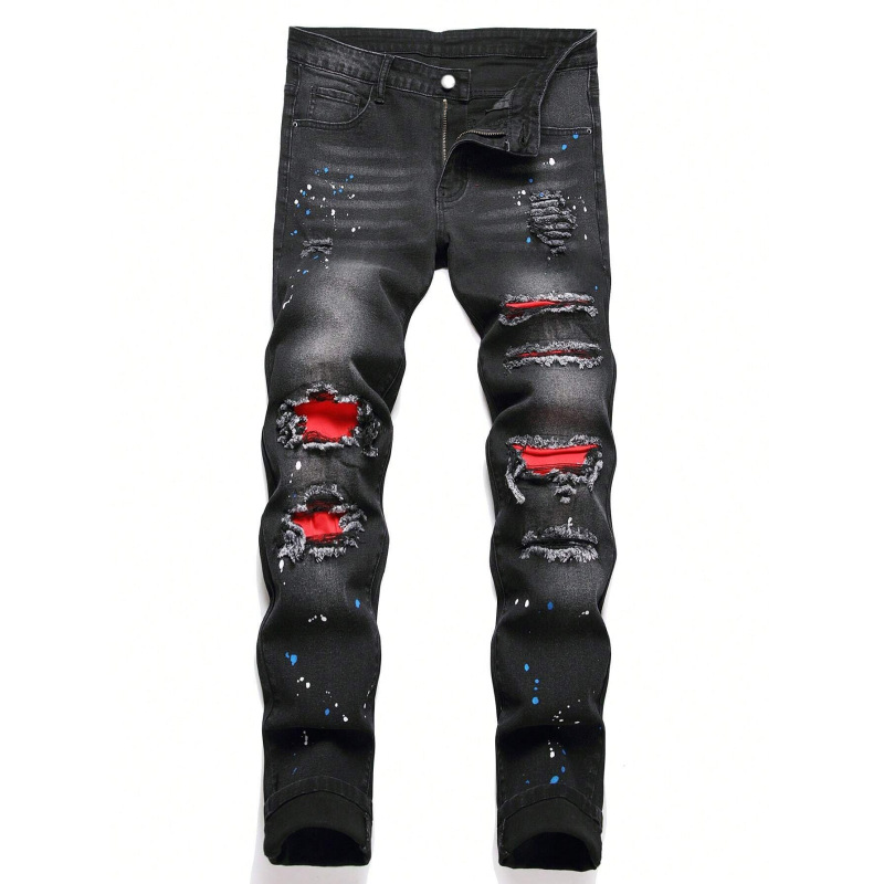 Overseas Cross-Border Temu Popular 2025 Ripped Black Jeans for Men in Stock Korean Style Basic Straight Type Hand-Painted