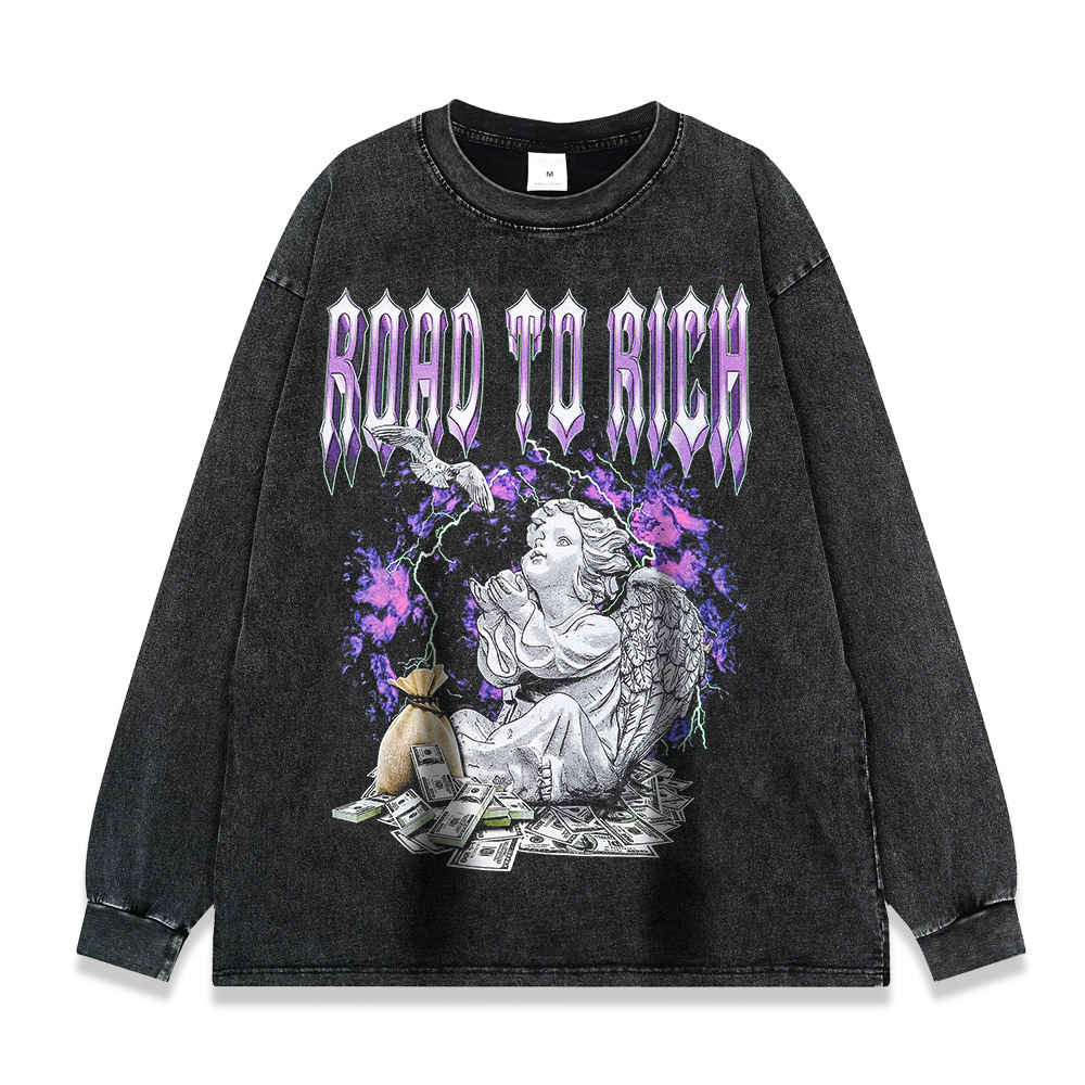 260g pesado copo de nieve frito de manga larga Camiseta americana retro alta calle moda marca suéter suelta Otoño e Invierno de los hombres y las mujeres de fondo