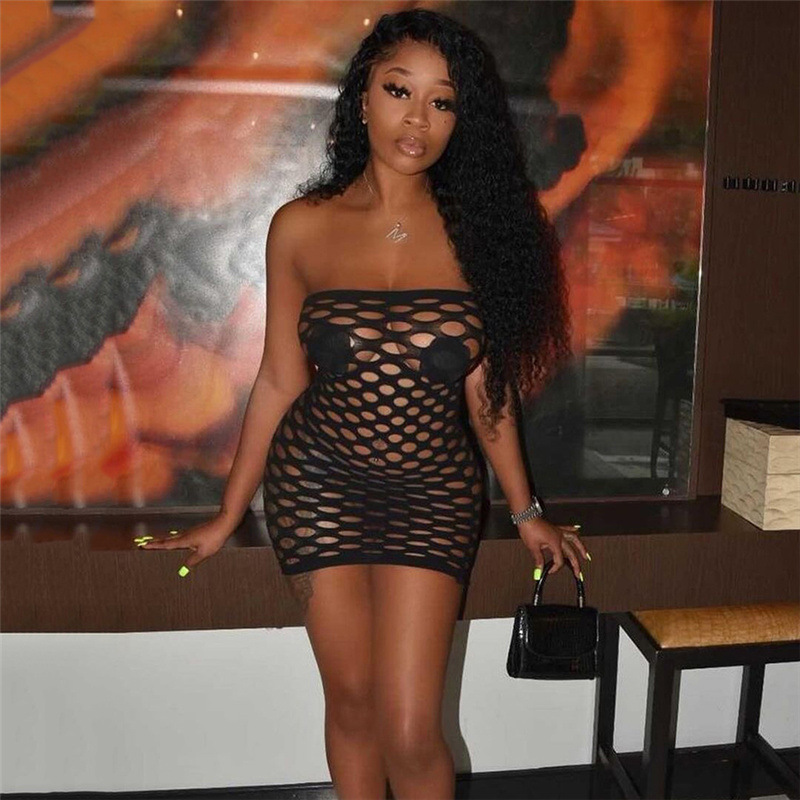 Spring Womens Dress Sexy Hollow Out Bodycon Fit Strapless Design Nightclub Party Wear Wholesale Available