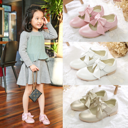 Children's 2025 Spring and Autumn Leather Shoes with Bowknot, Suitable for Middle and Older Children, Low Heel Princess Shoes