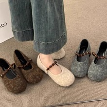 法式平底仙女风羊羔毛圆头珍珠一字带毛毛鞋女外穿秋冬新款棉瓢鞋