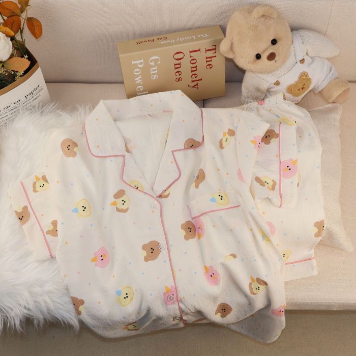 Pijamas de algodón nubes al por mayor transfronterizos de mujeres pantalones cortos de mangas cortas de verano nuevos cardigans con solapas de dibujos animados lindos cubiertas de ropa para el hogar