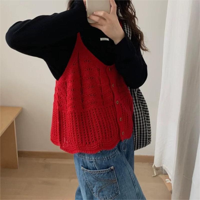 Korean Style Foreign Trade New Women's Sweater Hollow Wave Pattern Loose Layered Knit Vest Dopamine Color Top Trendy Korean Style Foreign Trade New Women's Sweater Hollow Wave Pattern Loose Layered Knit Vest Dopamine Color Top Trendy
