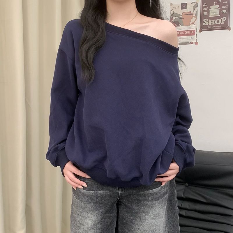 美式花灰色露肩斜肩卫衣女春秋季感宽松慵懒风斜角肩长袖上衣|undefined