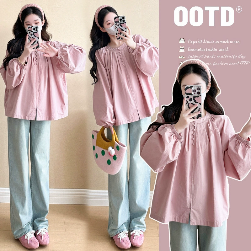 2024 Реальный снимок Новая беременная весна и осень сладкие рукава фонаря свободные рубашки