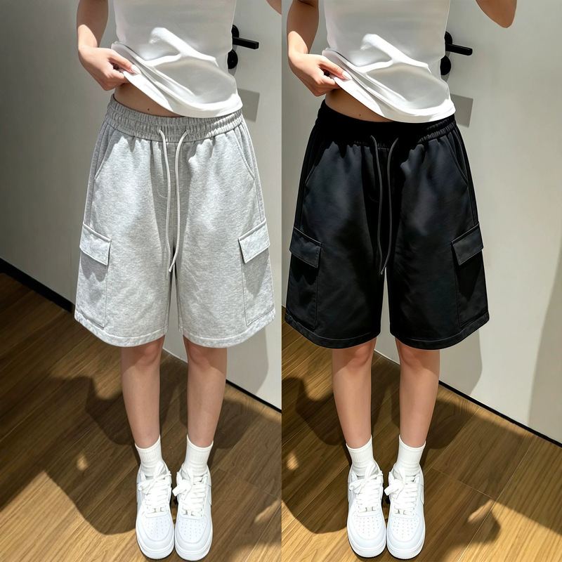 American-style workwear wide-leg women's shorts, new summer high-waisted loose-fitting casual sweatpants, straight-leg six-point pants American-style workwear wide-leg women's shorts, new summer high-waisted loose-fitting casual sweatpants, straight-leg six-point pants