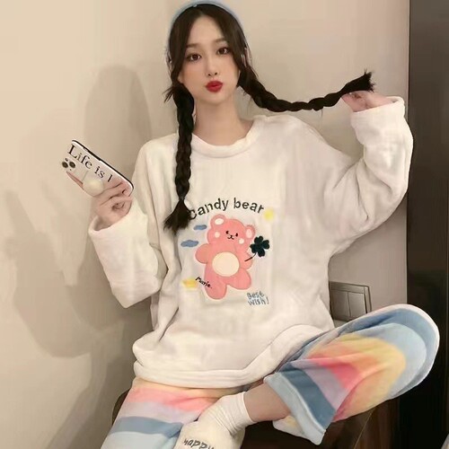 Women's Sweet Cartoon Plush Pajamas for Autumn/Winter, Coral Fleece, Loose Fit, Plus Size, Foreign Trade Cross-Border Set, One Piece Dropshipping
