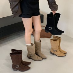 2025秋冬复古美式擦色靴皮带扣中筒牛仔马丁靴女短靴褶皱堆堆靴子
