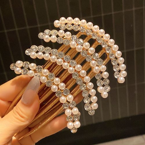 Zinc Alloy Imitation Pearl Hair Accessories Fashion Bead Hair Pin Simple Elegant Versatile Insert Comb Five-Tooth Hair Pin Reverse Insert Hair Comb