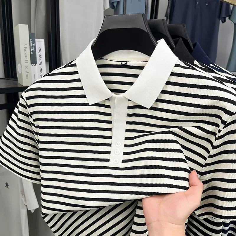 跨境POLO领条纹短袖T恤男夏季2025新款设计感小众休闲上衣男代发