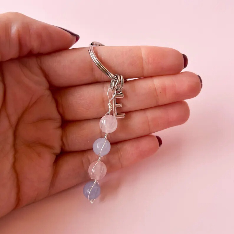 European and American Cross-Border Rose Quartz Sea Blue Crystal Keychain New 26 Letter Pendant Simple Creative Pendant for Women