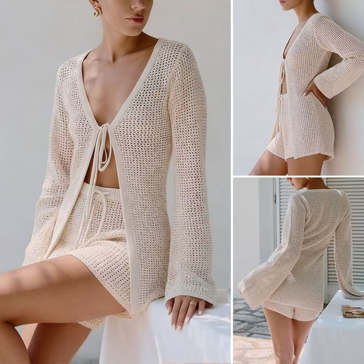 2026 New Style Set Cross-Border Beach Long-Sleeve Cardigan Shorts Hollow-Out Tie Casual Knit Vacation Sun Protection Cover-Up