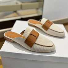 法式时尚女拖鞋拼色条纹复古穆勒鞋外穿真皮包头半拖鞋平底女鞋
