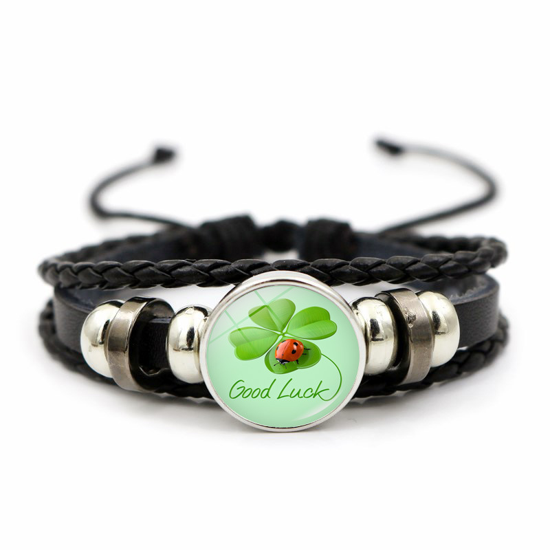 Green Lucky Grass Leather Bracelet Unisex Gift Good luck Four-leaf Clover Hand Jewelry