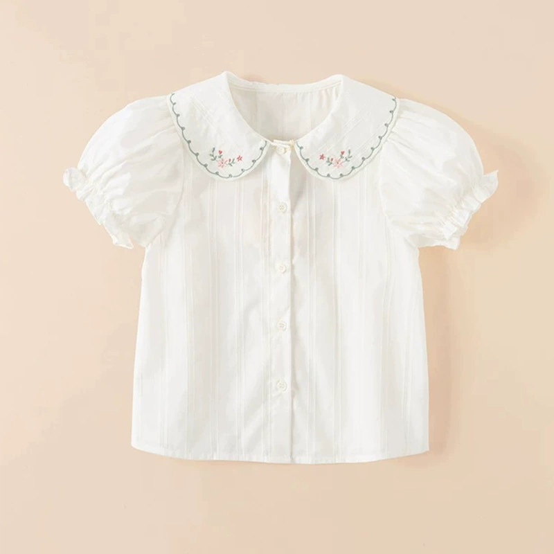 2025 детская рубашка с короткими рукавами, топы для девочек, летняя белая рубашка, детская летняя детская одежда из чистого хлопка для девочек