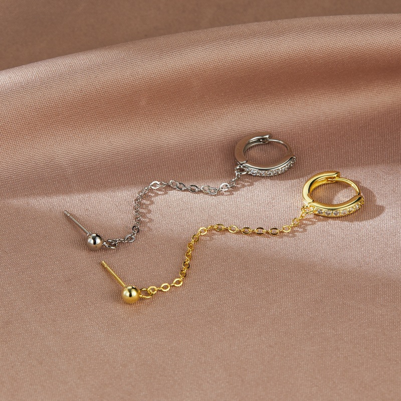 Pendientes de plata esterlina s925 anillo de diamantes de estilo japonés y coreano para mujer cadena personalizada pendientes de doble oreja pendientes elegantes estilo ins