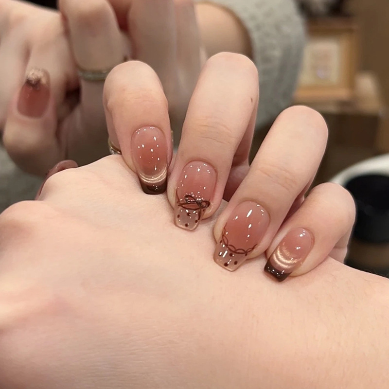 [Autumn Ballet] 2025 New Style Handmade Wearable Caramel French Bow Elegant Mid-Length Manicure