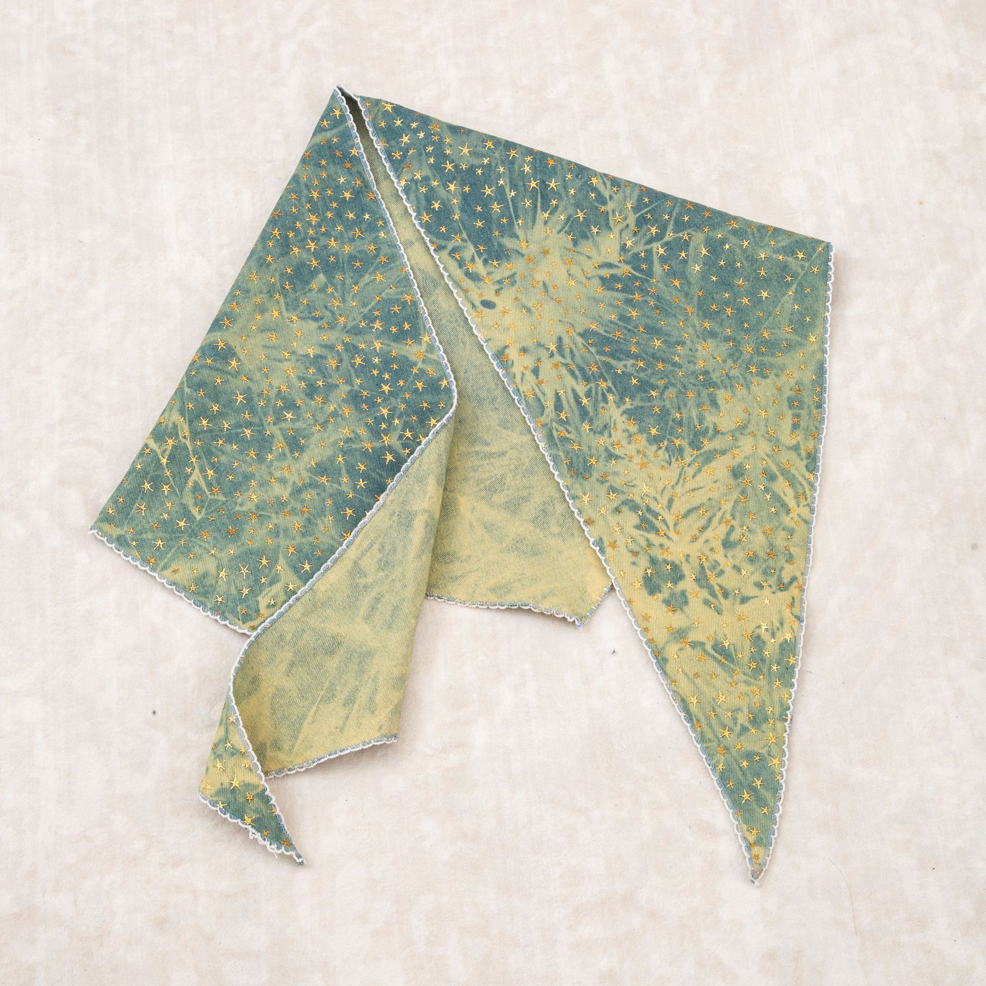 Gold Star Embossed Denim Triangle Scarf Vintage Distressed Look_voghion.com