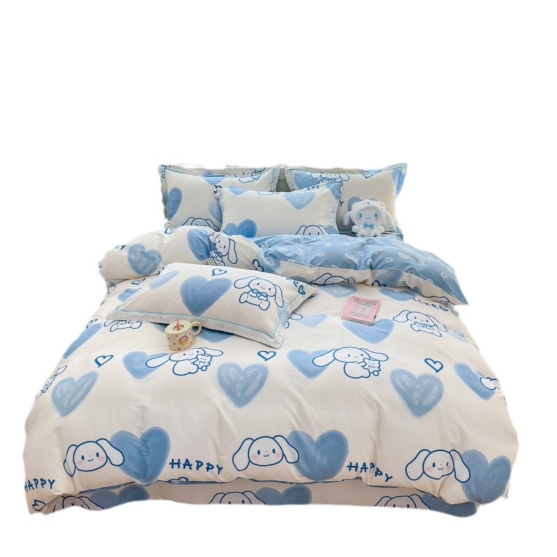 Cama de algodón fresco pequeño conjunto de cuatro piezas de algodón dibujos animados impresos cubierta de edredón dormitorio de estudiantes un solo conjunto de ropa de cama de tres piezas en