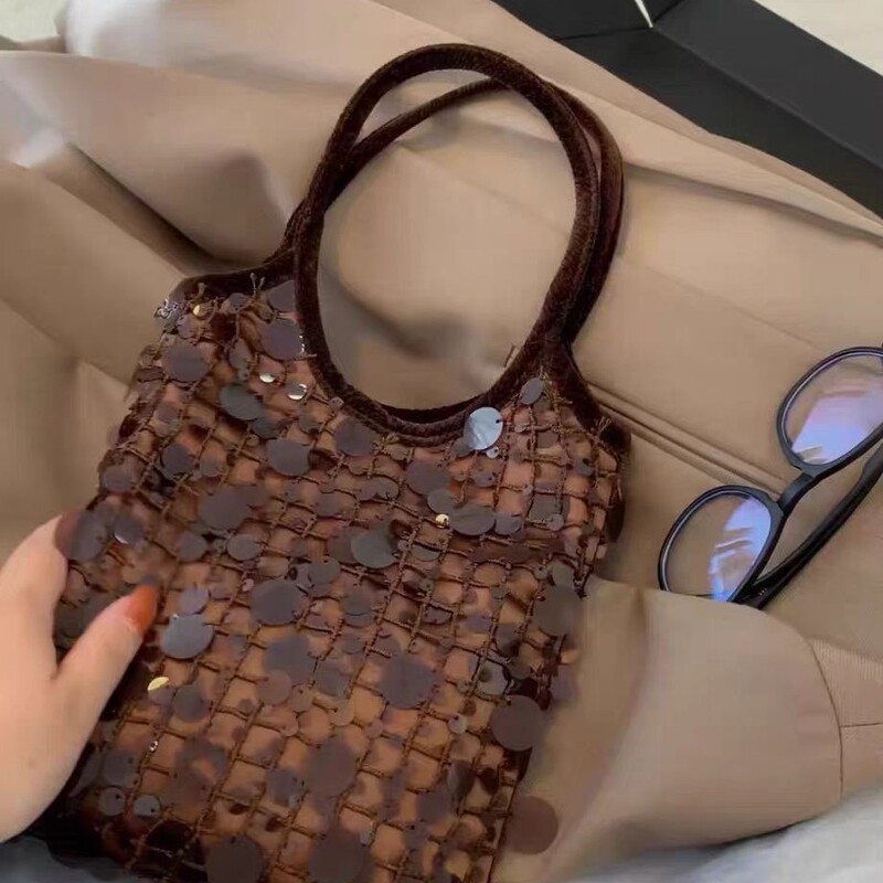 [Meteorite Maillard] Boutique Series-Rich Dark Brown Sequin Miu Series Satchel Mini Bag Niche Design