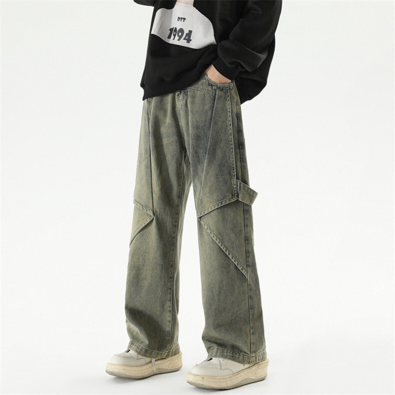 American Style Retro Deconstructed Jeans Men's Summer Washed Old Design Sense Micro-pants Trendy Brand Straight Leg Wide-leg Pants