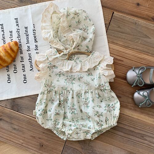 Free hat, baby floral bag, 0-2 years old, summer Korean children's clothing, baby girl, lace collar harem AL021