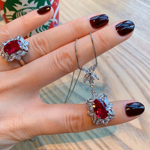 Zhuang Shengsheng Jewelry European and American Colorful Gemstone Simulation Red Ruby Earrings Pendant Ring Fresh Small Jewelry Set Wholesale 