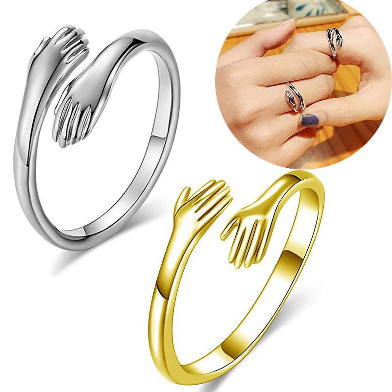 Cross-Border Ins Style Minimalist Hydraulic Hug Hands Titanium Steel Ring for Women, Fashionable and Unique Adjustable Open Ring