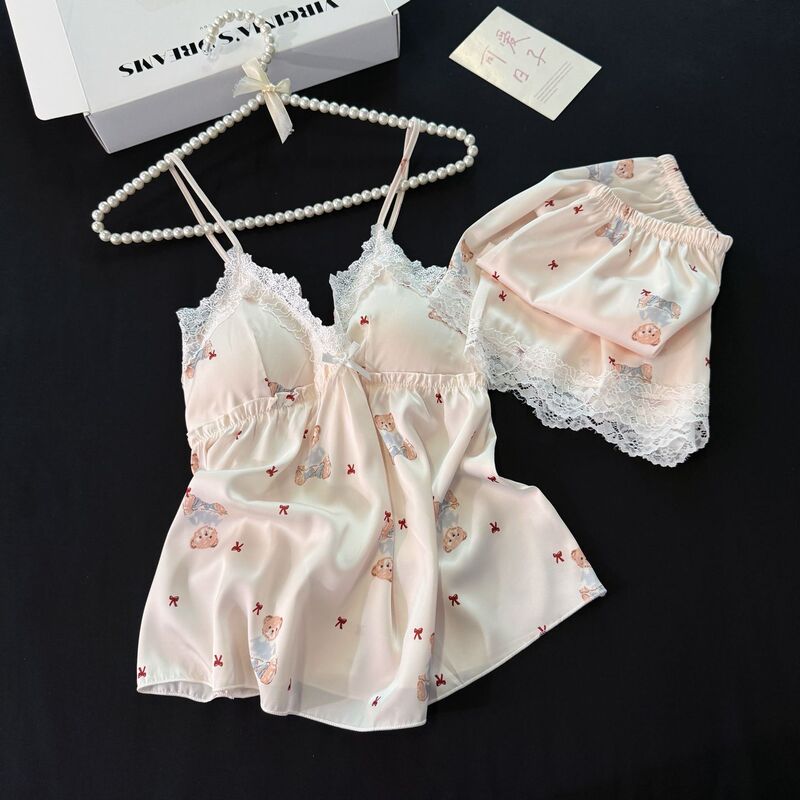 New Style Women's Summer Ice Silk Suspender Shorts Pajama Set, Sweet, Cute, Sexy, Pure Desire, Cartoon Print Home Wear
