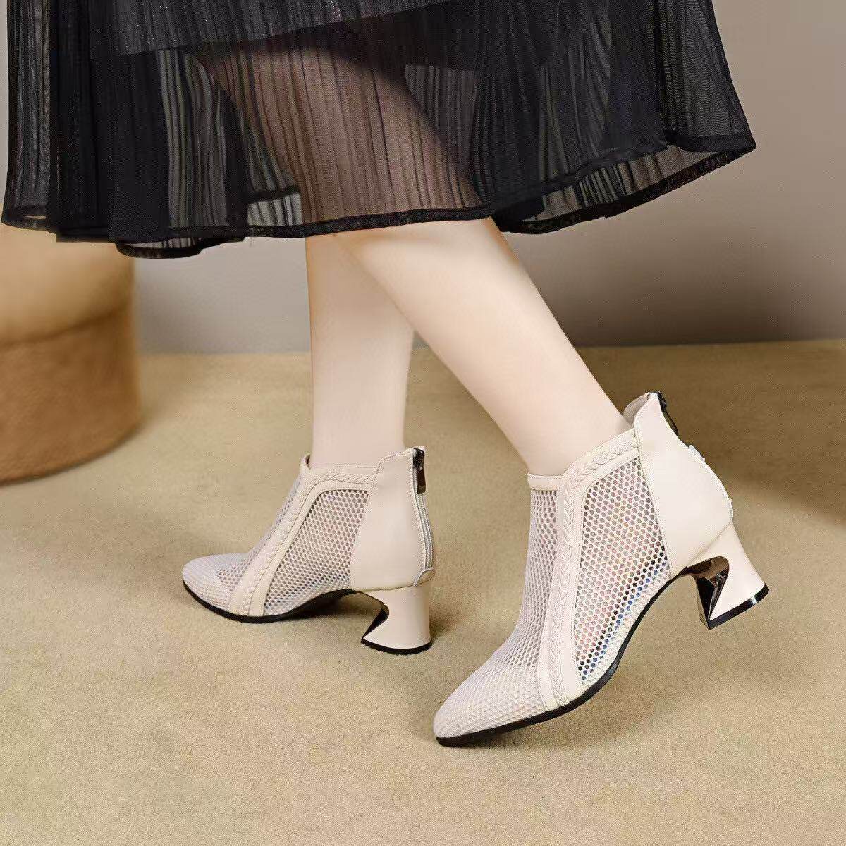 Sandal nữ mũi nhọn quai ngang gót vuông 7 cm lưới thoáng khí — màu be chi tiết 7