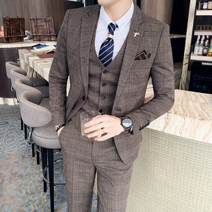 Foreign Trade Men's Three-Piece Suit Business Formal Korean Style Slim Plaid Suit Large Size Suit Ready for Sale