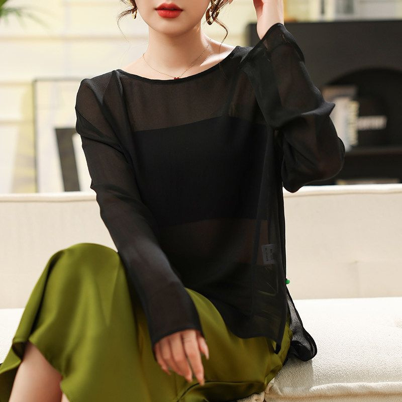 Black High-End Sheer Loose Long-Sleeve T-Shirt Top for Women, 2026 Spring/Summer New Lightweight Sun Protection Shirt