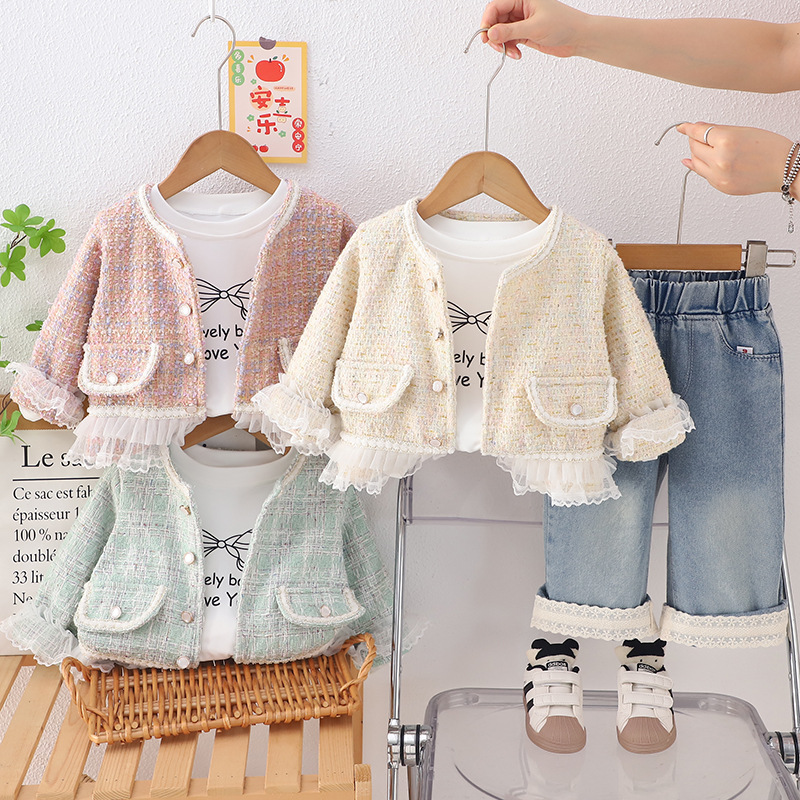 Kids女童春秋装套装2025新款婴儿童洋气时髦小香风开衫三件套批发